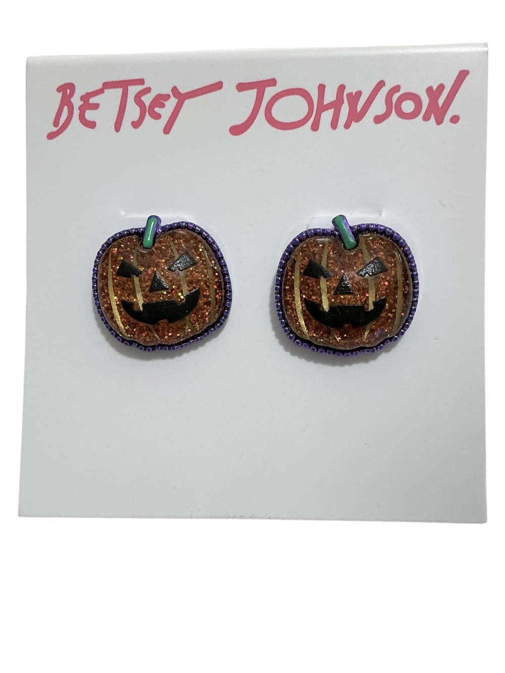BETSY JOHNSON Pumpkin Face Jack-O-Lantern Halloween Stud Earrings Orange Black